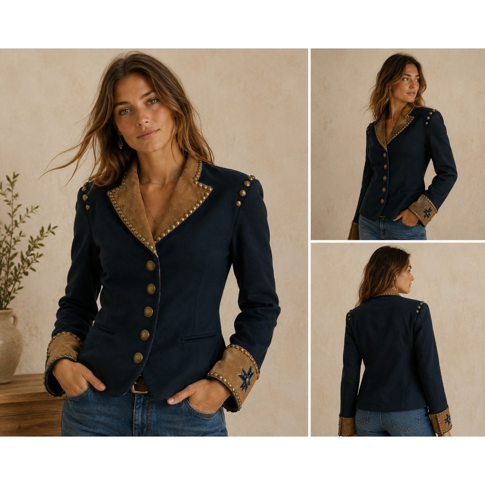Double D Ranch Coat Wool Studded Western Military Southwestern Jacket Blue M